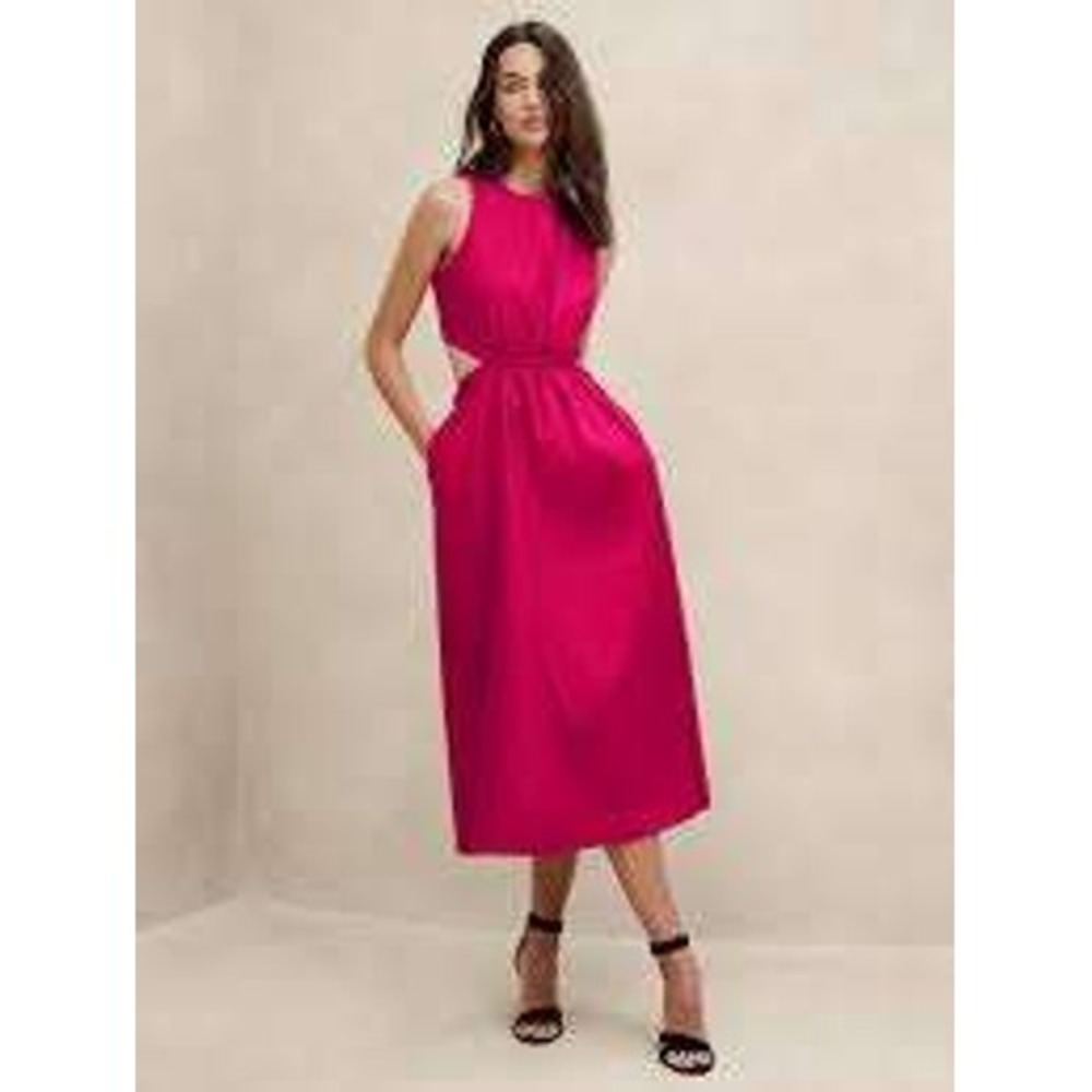 Banana Republic Pink Linen Blend Cutout Midi‎ Dress Womens Petite 8 Pockets